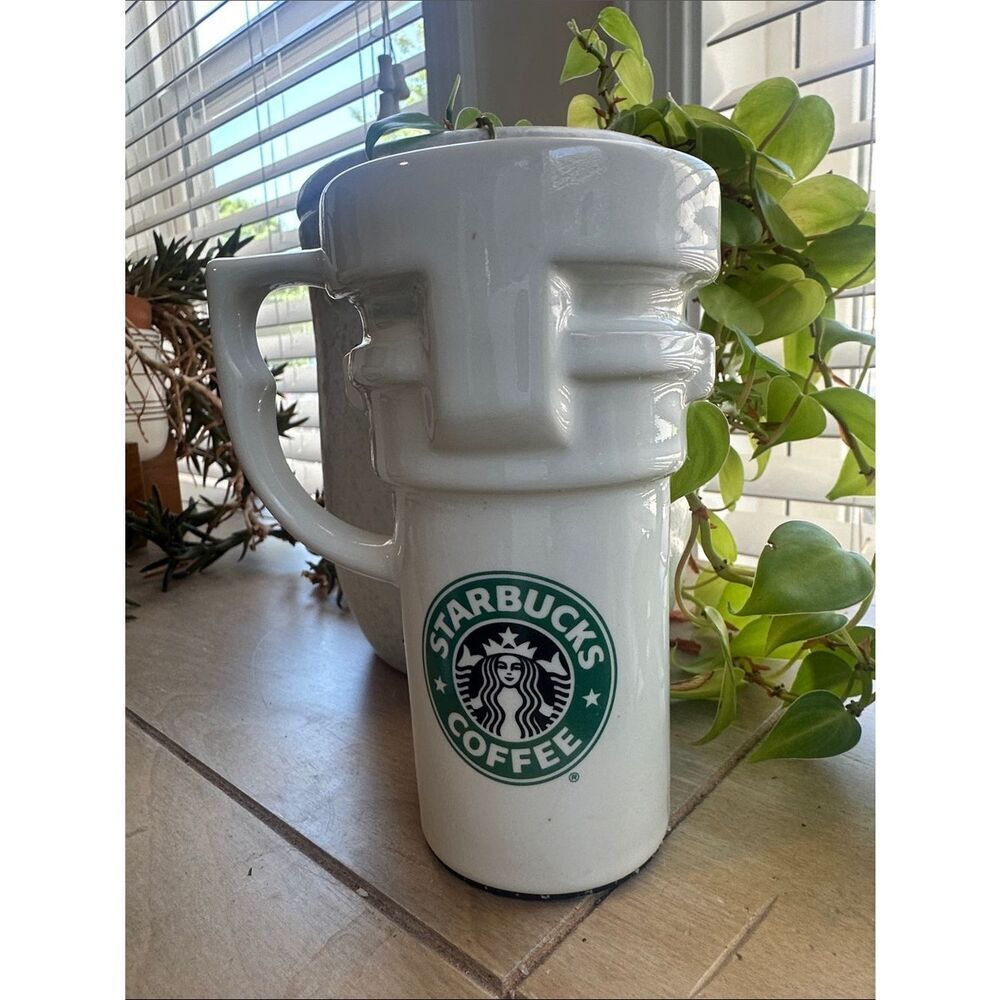 Starbucks VTG 190’s White Ceramic Green Siren Logo Travel Mug Cup Handle & Lid